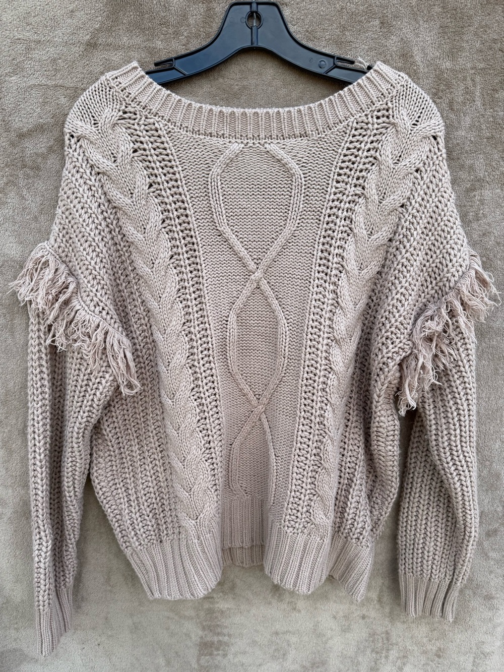 Everly Taupe Cable Knit Fringe Crewneck Sweater